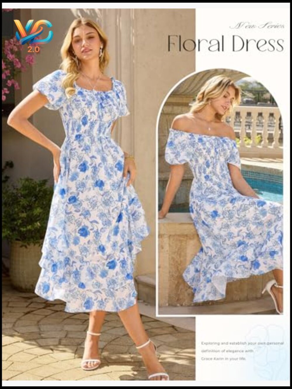 Flowy A-Line Maxi Dress with Pockets Square Neck Puff Sleeve - Picture 2 of 7